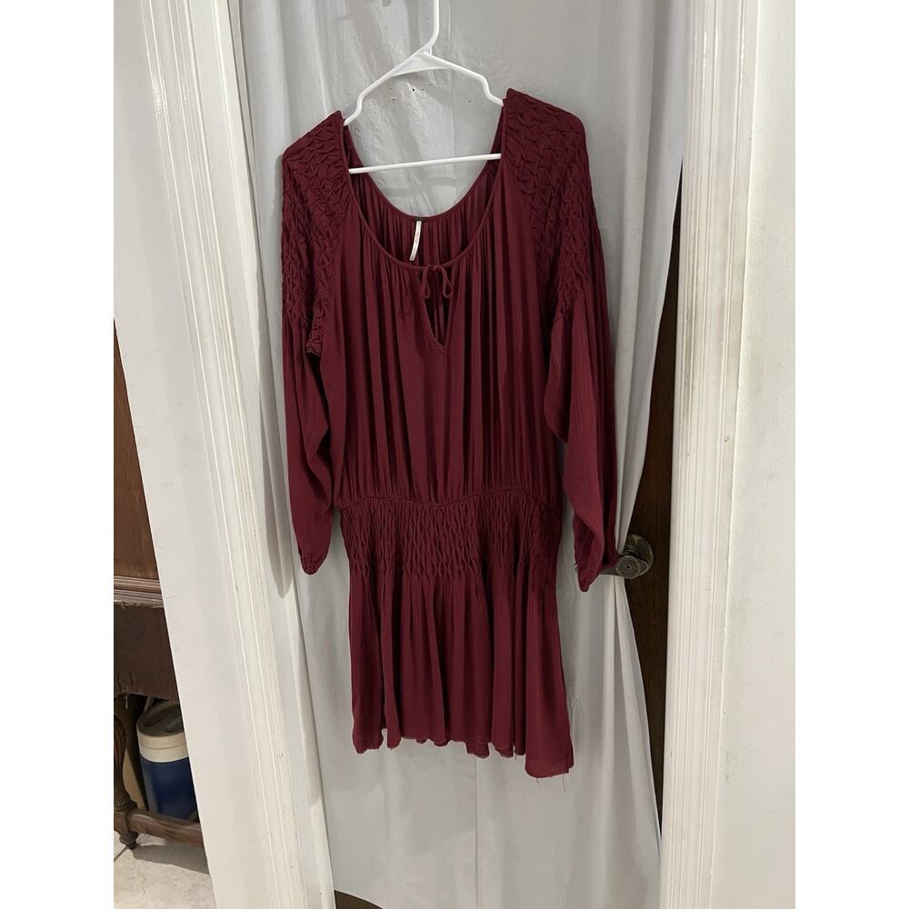 Free People Burgundy Peasant Smocked Mini Dress Sz S Boho Oversized - Picture 1 of 8